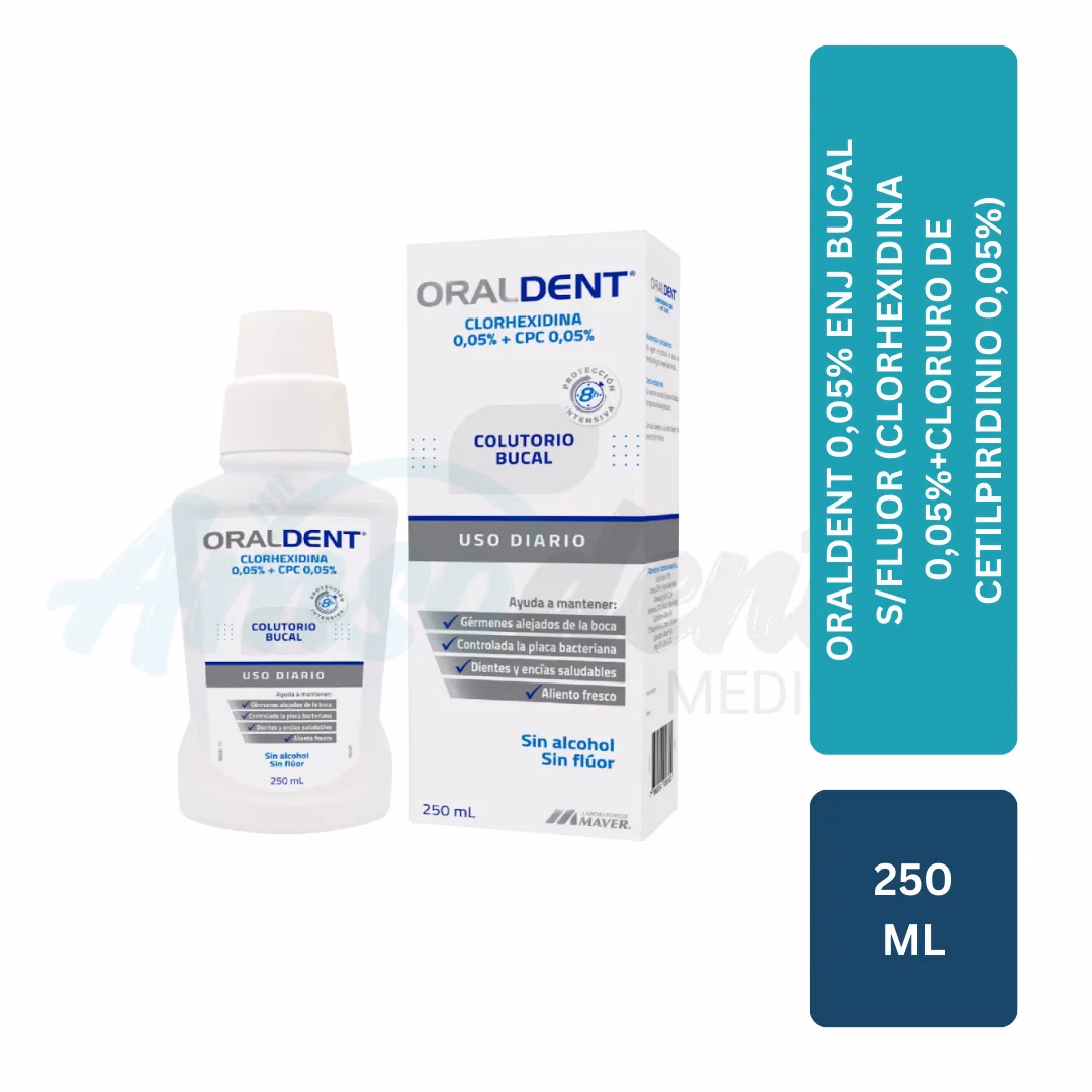 Enjuague Bucal Clorhexidina 0,05% Oraldent sin Flúor (250 mL)